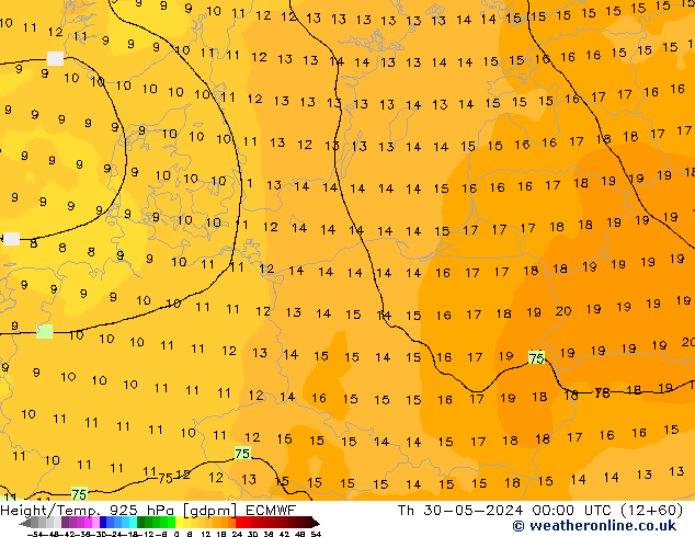 Hoogte/Temp. 925 hPa ECMWF do 30.05.2024 00 UTC