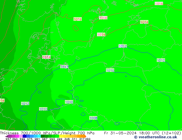 Schichtdicke 700-1000 hPa ECMWF Fr 31.05.2024 18 UTC