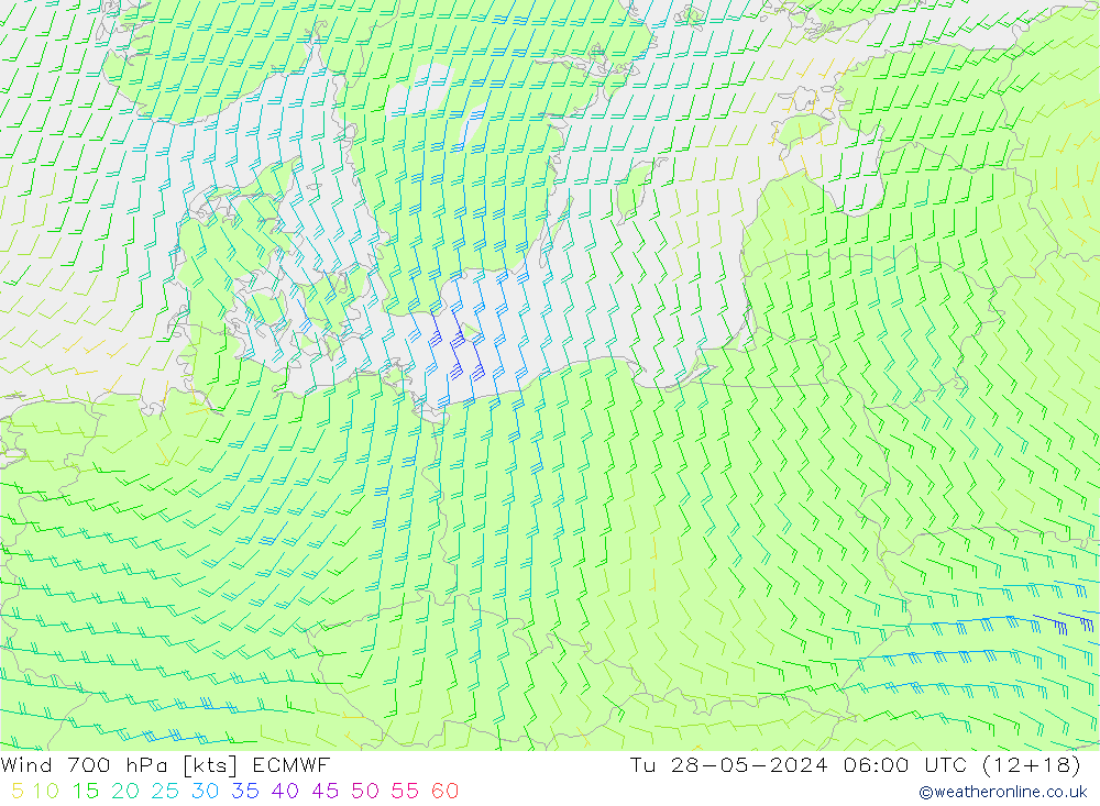 Viento 700 hPa ECMWF mar 28.05.2024 06 UTC