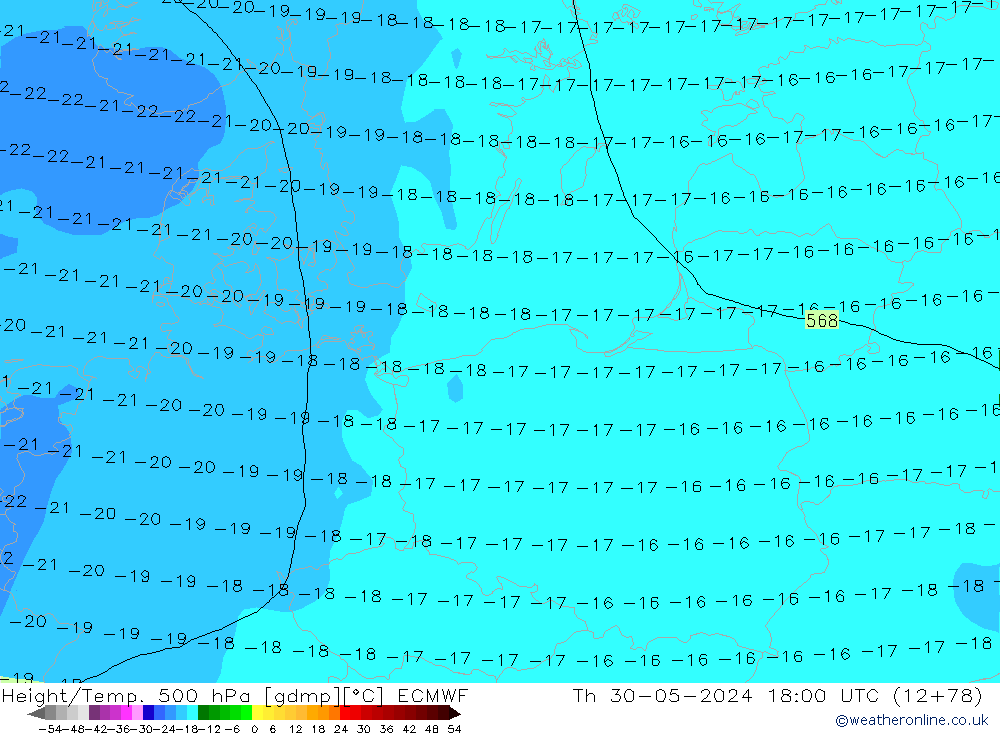 Height/Temp. 500 hPa ECMWF Qui 30.05.2024 18 UTC