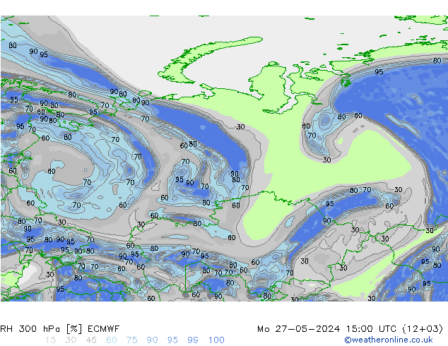 RH 300 hPa ECMWF Mo 27.05.2024 15 UTC