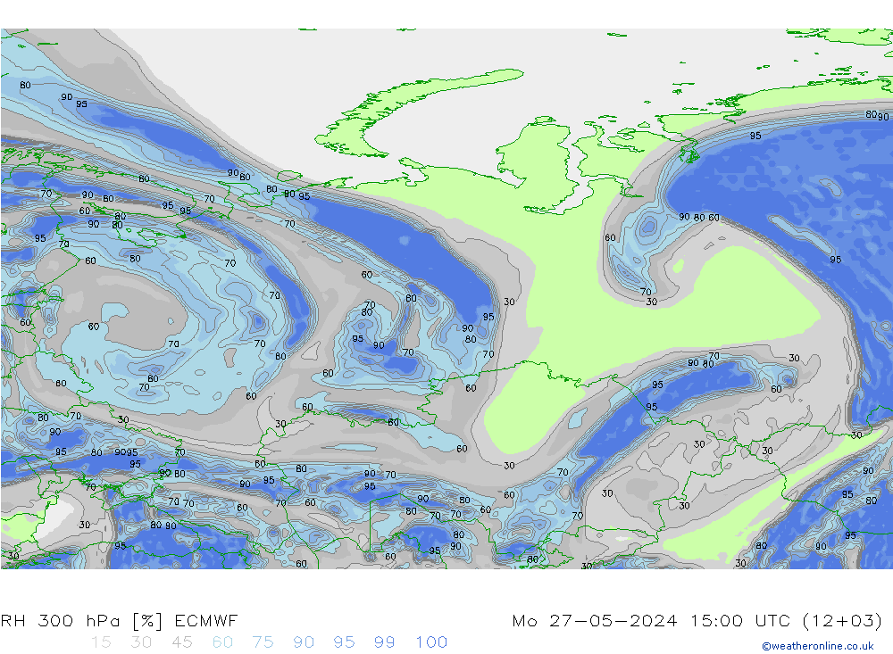 Humedad rel. 300hPa ECMWF lun 27.05.2024 15 UTC