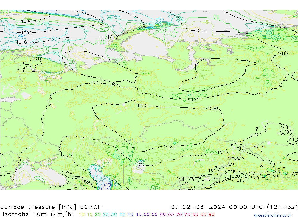 Isotachs (kph) ECMWF Su 02.06.2024 00 UTC