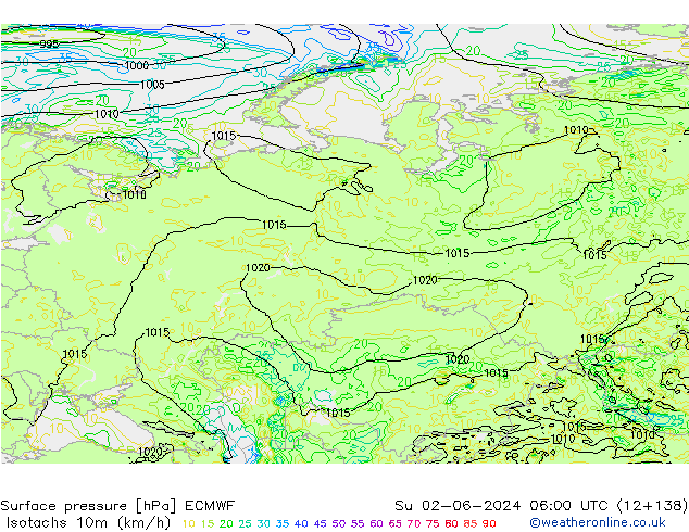 Isotachs (kph) ECMWF Su 02.06.2024 06 UTC