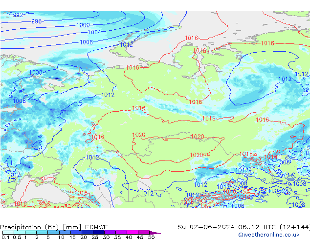 Precipitation (6h) ECMWF Su 02.06.2024 12 UTC