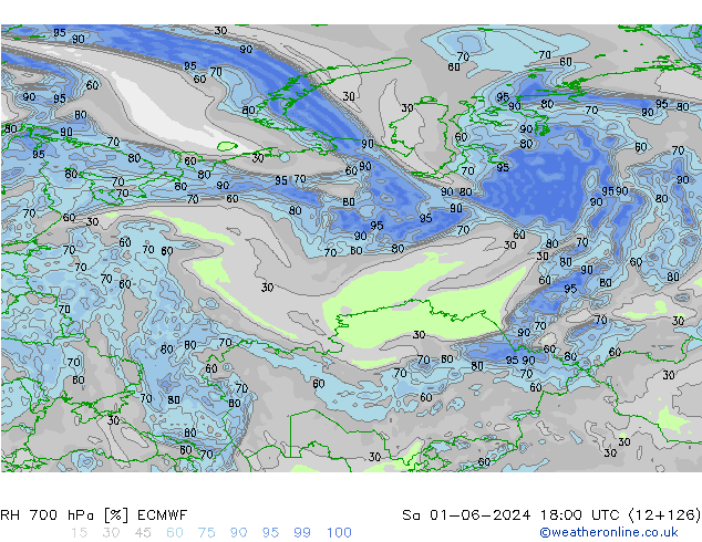 Humedad rel. 700hPa ECMWF sáb 01.06.2024 18 UTC