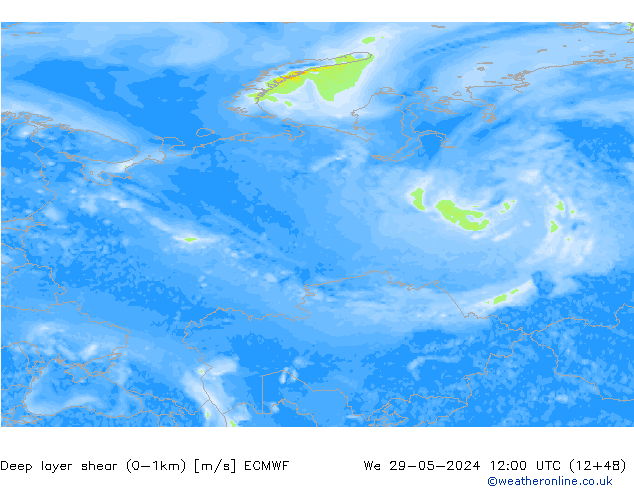 Deep layer shear (0-1km) ECMWF mié 29.05.2024 12 UTC