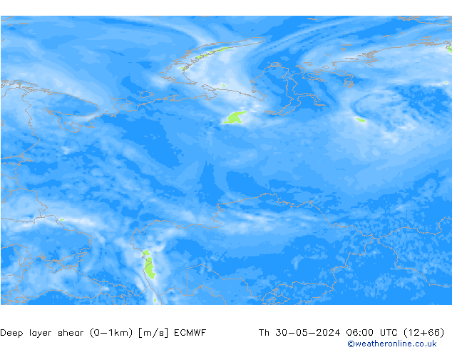 Deep layer shear (0-1km) ECMWF czw. 30.05.2024 06 UTC