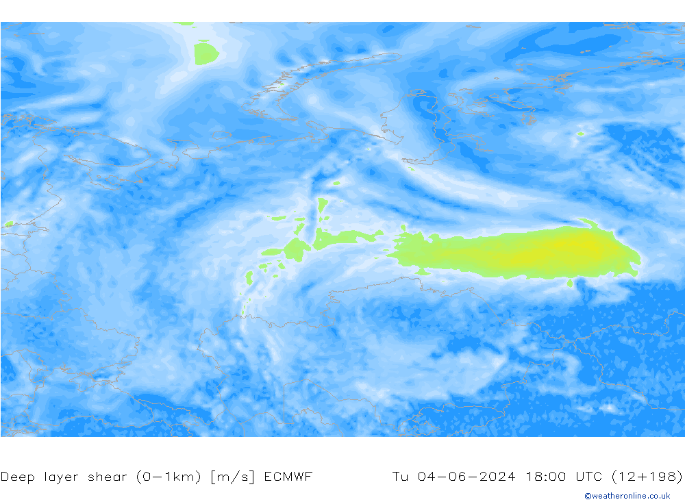 Deep layer shear (0-1km) ECMWF mar 04.06.2024 18 UTC