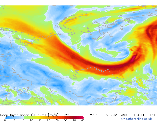 Deep layer shear (0-6km) ECMWF wo 29.05.2024 09 UTC