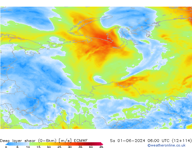 Deep layer shear (0-6km) ECMWF sab 01.06.2024 06 UTC