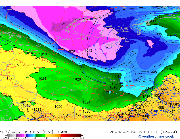 SLP/Temp. 850 hPa ECMWF Út 28.05.2024 12 UTC