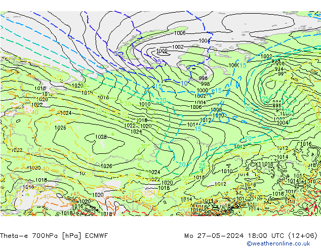 Theta-e 700hPa ECMWF Pzt 27.05.2024 18 UTC