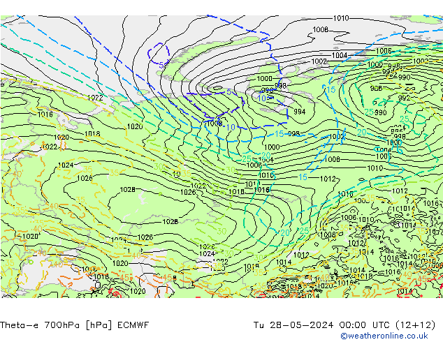 Theta-e 700hPa ECMWF di 28.05.2024 00 UTC