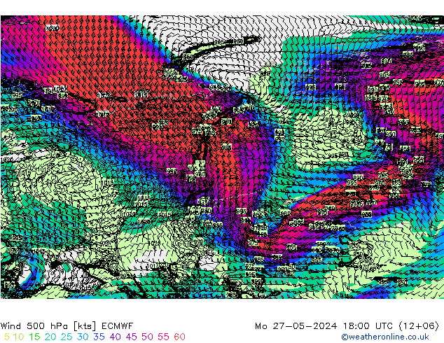 Vento 500 hPa ECMWF lun 27.05.2024 18 UTC