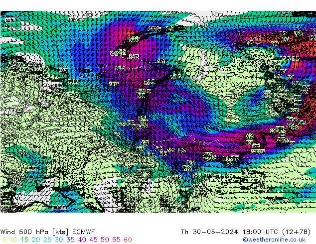 Wind 500 hPa ECMWF Th 30.05.2024 18 UTC