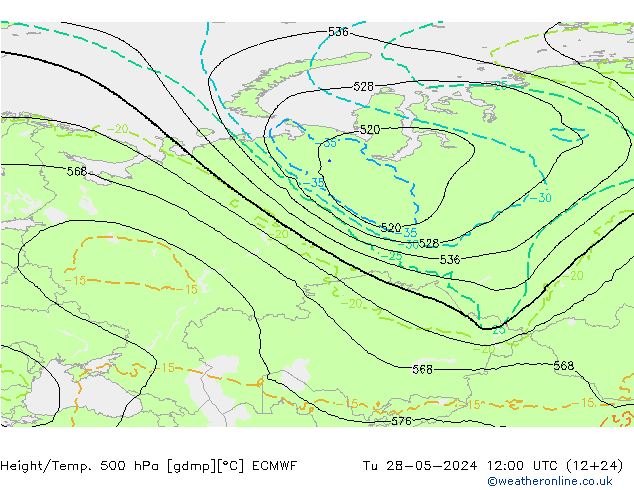 Z500/Rain (+SLP)/Z850 ECMWF Út 28.05.2024 12 UTC