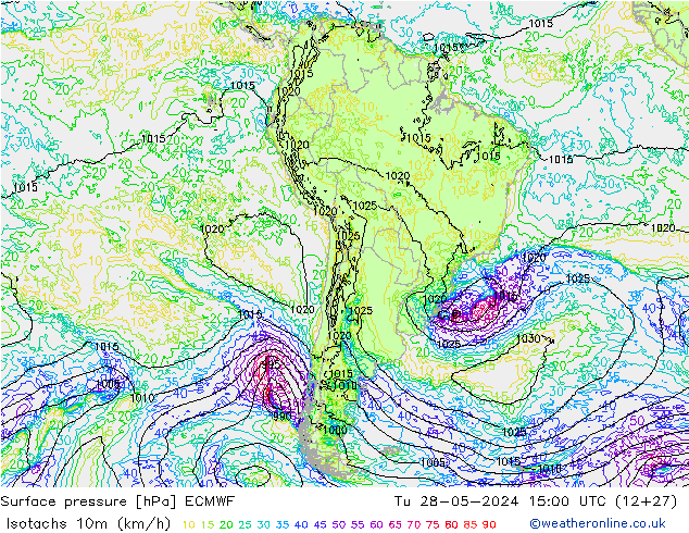 Isotaca (kph) ECMWF mar 28.05.2024 15 UTC