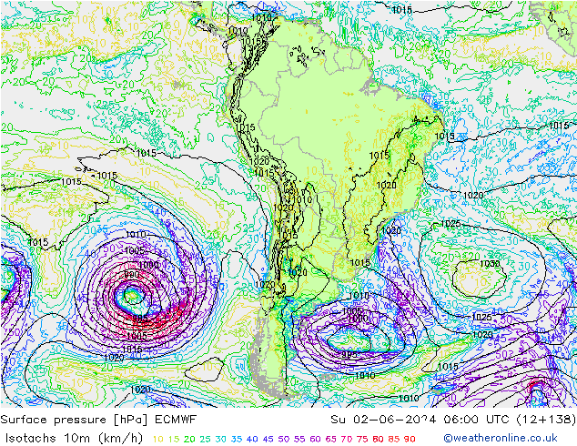 Eşrüzgar Hızları (km/sa) ECMWF Paz 02.06.2024 06 UTC