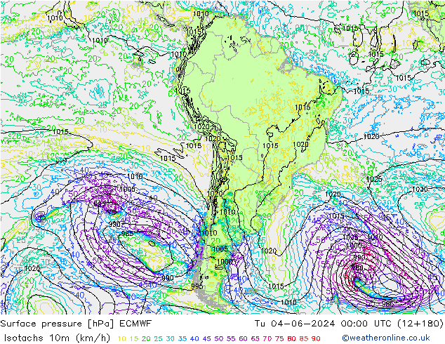 Isotachs (kph) ECMWF Út 04.06.2024 00 UTC