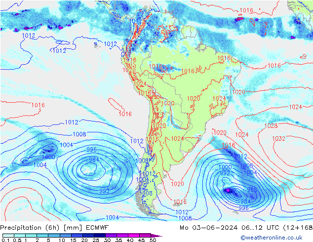 Precipitazione (6h) ECMWF lun 03.06.2024 12 UTC