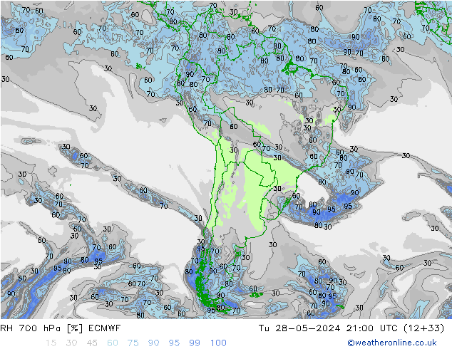 RH 700 hPa ECMWF Út 28.05.2024 21 UTC