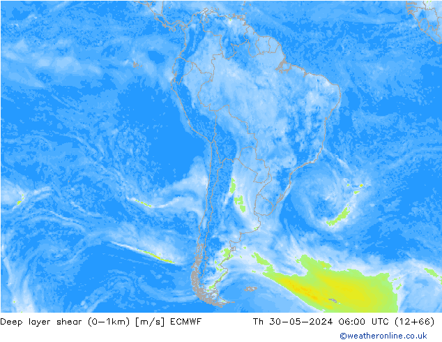 Deep layer shear (0-1km) ECMWF do 30.05.2024 06 UTC