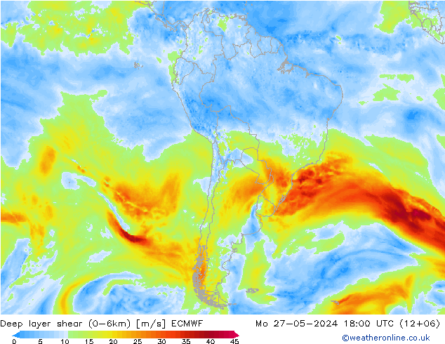 Deep layer shear (0-6km) ECMWF Pzt 27.05.2024 18 UTC