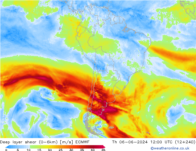 Deep layer shear (0-6km) ECMWF Per 06.06.2024 12 UTC