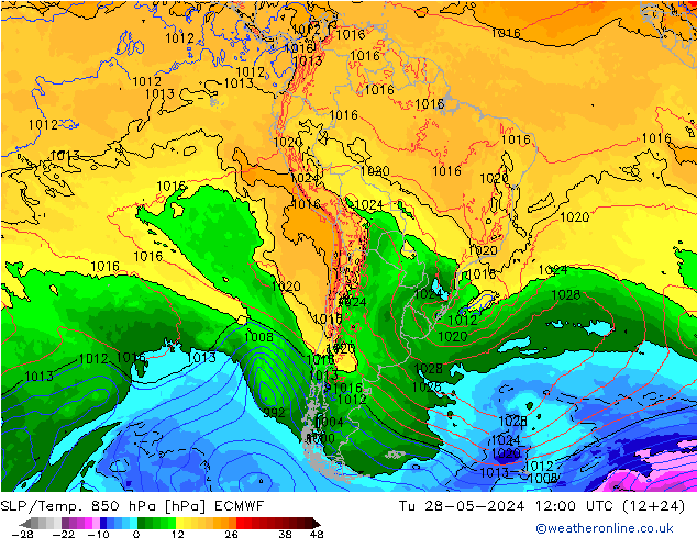 SLP/Temp. 850 hPa ECMWF Út 28.05.2024 12 UTC