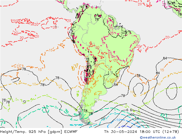 Height/Temp. 925 гПа ECMWF чт 30.05.2024 18 UTC