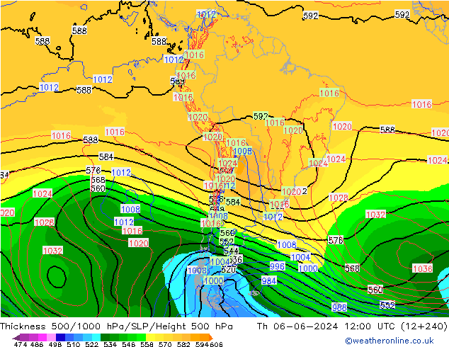 Espesor 500-1000 hPa ECMWF jue 06.06.2024 12 UTC