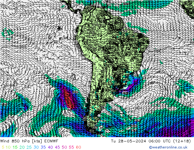 Vento 850 hPa ECMWF mar 28.05.2024 06 UTC