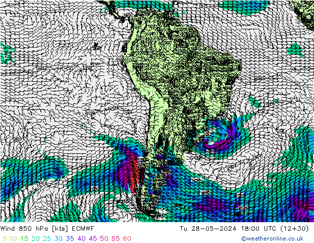 Wind 850 hPa ECMWF Tu 28.05.2024 18 UTC