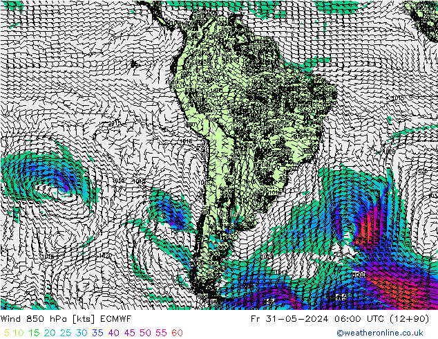 Vento 850 hPa ECMWF Sex 31.05.2024 06 UTC