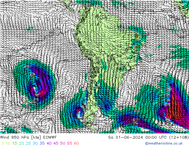 Vent 950 hPa ECMWF sam 01.06.2024 00 UTC