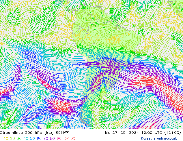 Linia prądu 300 hPa ECMWF pon. 27.05.2024 12 UTC