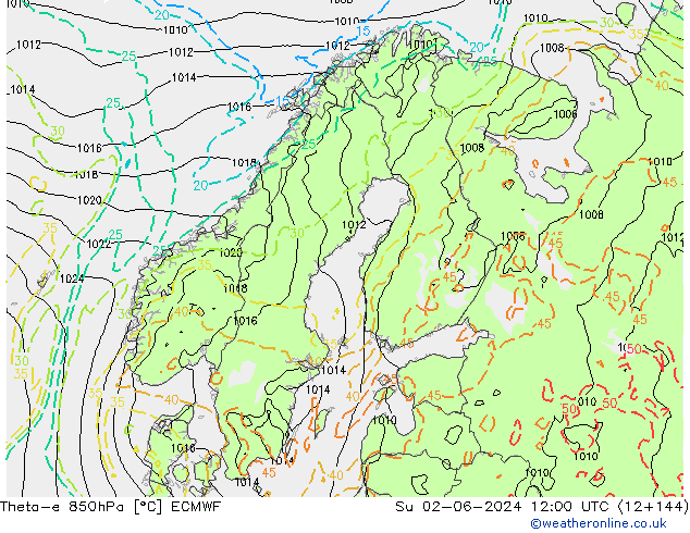 Theta-e 850hPa ECMWF Su 02.06.2024 12 UTC