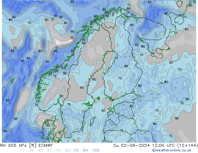 Humedad rel. 925hPa ECMWF dom 02.06.2024 12 UTC