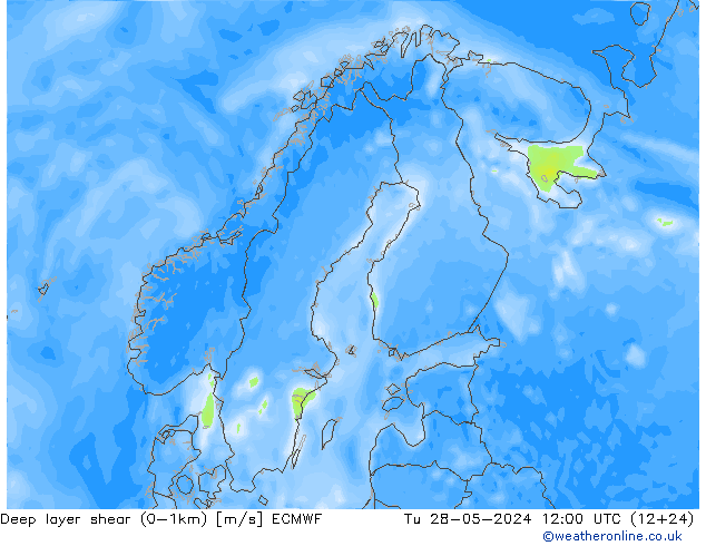 Deep layer shear (0-1km) ECMWF вт 28.05.2024 12 UTC