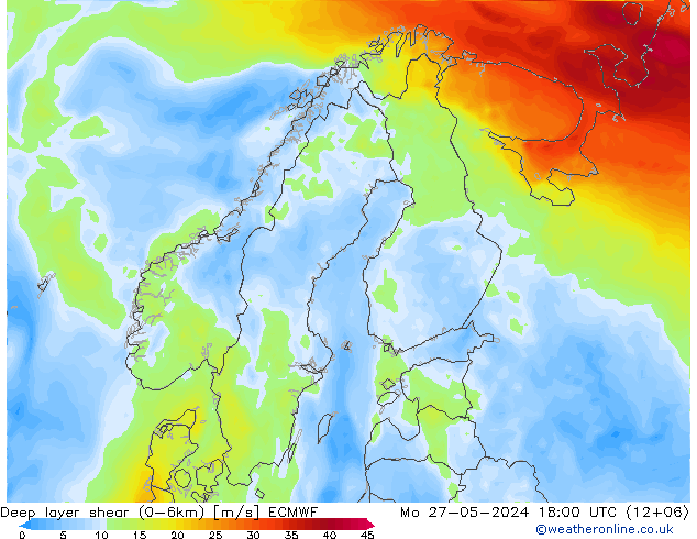 Deep layer shear (0-6km) ECMWF Mo 27.05.2024 18 UTC