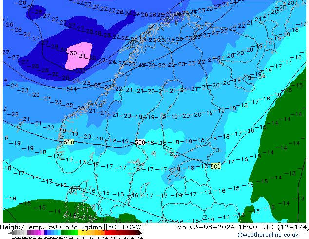 Z500/Rain (+SLP)/Z850 ECMWF pon. 03.06.2024 18 UTC