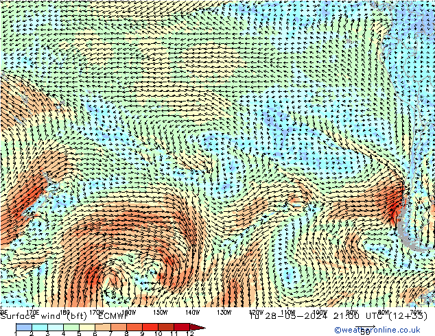 Viento 10 m (bft) ECMWF mar 28.05.2024 21 UTC