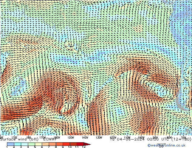 Viento 10 m (bft) ECMWF mar 04.06.2024 00 UTC