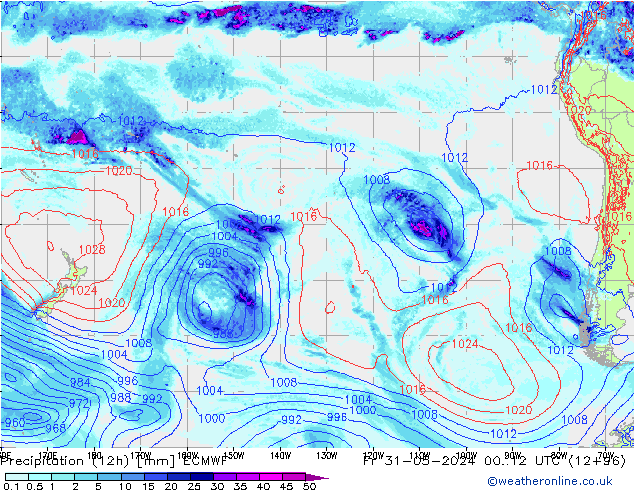 Precipitation (12h) ECMWF Pá 31.05.2024 12 UTC