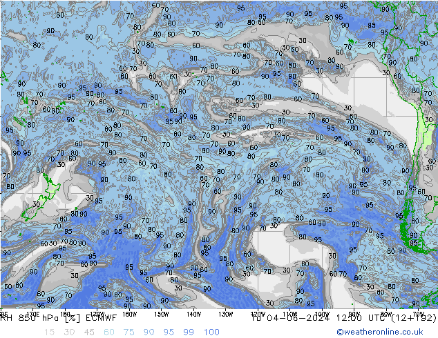 RH 850 hPa ECMWF Tu 04.06.2024 12 UTC