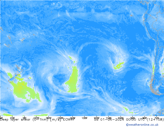 Deep layer shear (0-1km) ECMWF sáb 01.06.2024 00 UTC