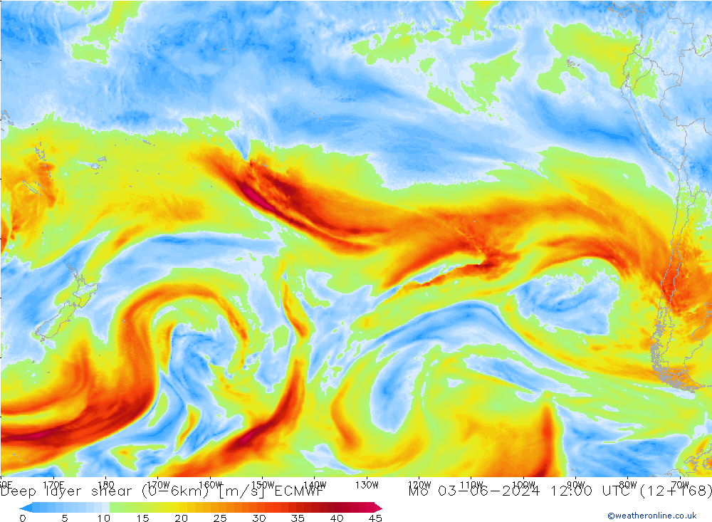 Deep layer shear (0-6km) ECMWF Mo 03.06.2024 12 UTC