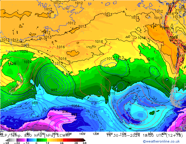 SLP/Temp. 850 hPa ECMWF Qui 30.05.2024 18 UTC