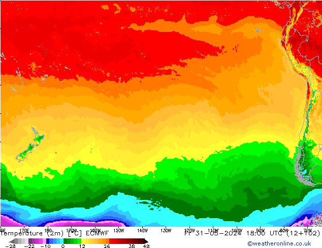 Temperature (2m) ECMWF Pá 31.05.2024 18 UTC